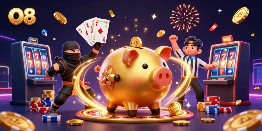 Experience thrilling gameplay at O8 with an ultra-detailed 3D illustration showcasing a golden piggy bank sumo wrestler amidst a vibrant casino scene.