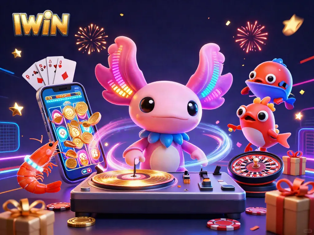 IWIN features a vibrant casino scene with an axolotl DJ, shrimp dancers, and exciting gaming elements.