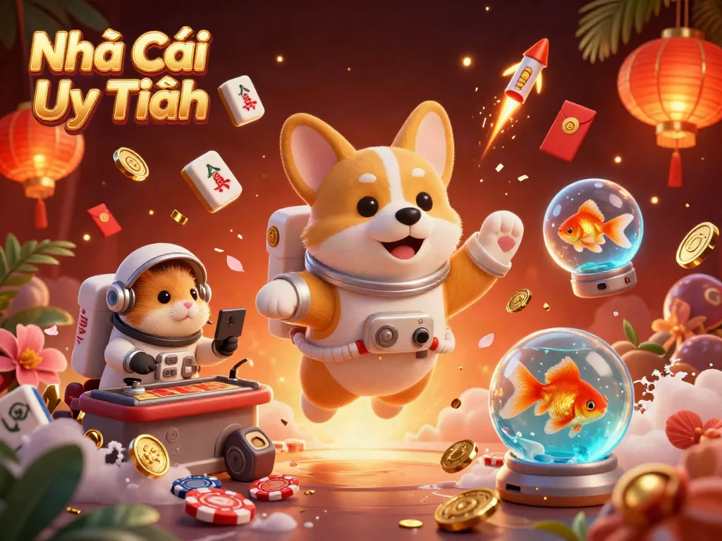 Experience dynamic gaming excitement with Nhà Cái Uy Tín featuring a corgi, a hamster, and a goldfish in a casino setting.