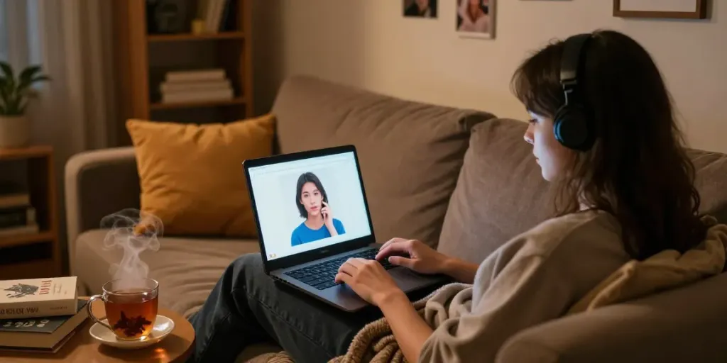 Engaging in free AI sex chat on a laptop in a cozy room with warm lighting and personal touches.