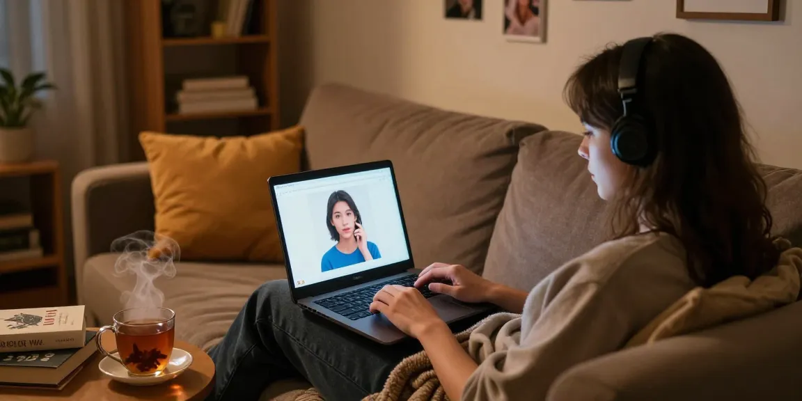 Engaging in free AI sex chat on a laptop in a cozy room with warm lighting and personal touches.