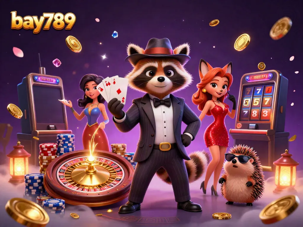 Play exciting games at bay789 with a charming raccoon and friends in a vibrant casino scene.