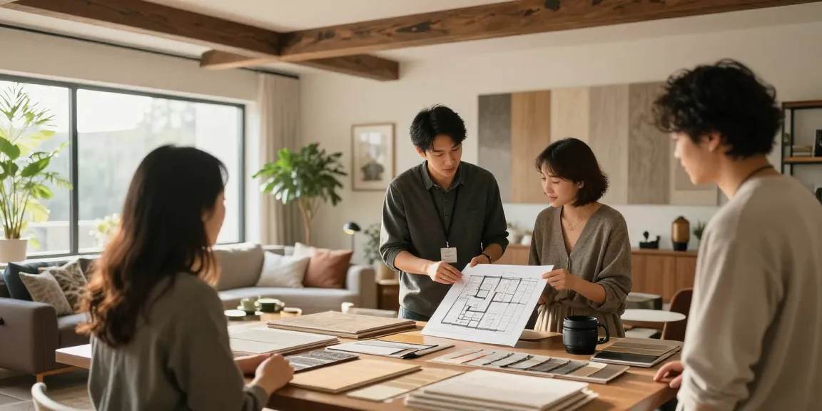 Innenausbau Augsburg mit Innenarchitekt bei der Besprechung von Wohnraumgestaltungen und Materialauswahl.