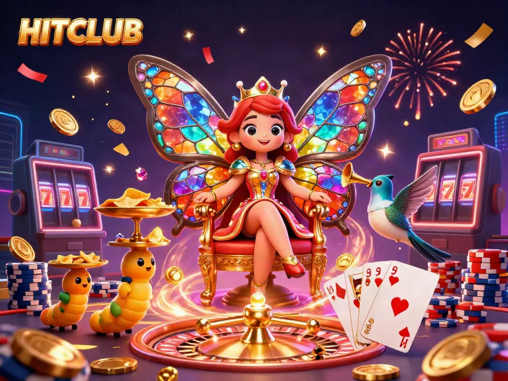 Experience the HITCLUB excitement with animated characters, coins, and casino game elements in a vibrant scene.