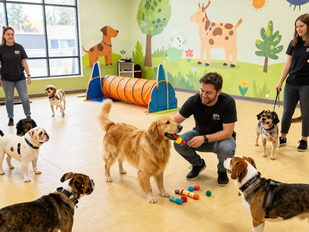 Doggy daycare scene with slot88 dogs playing and trainers engaging in a lively atmosphere.