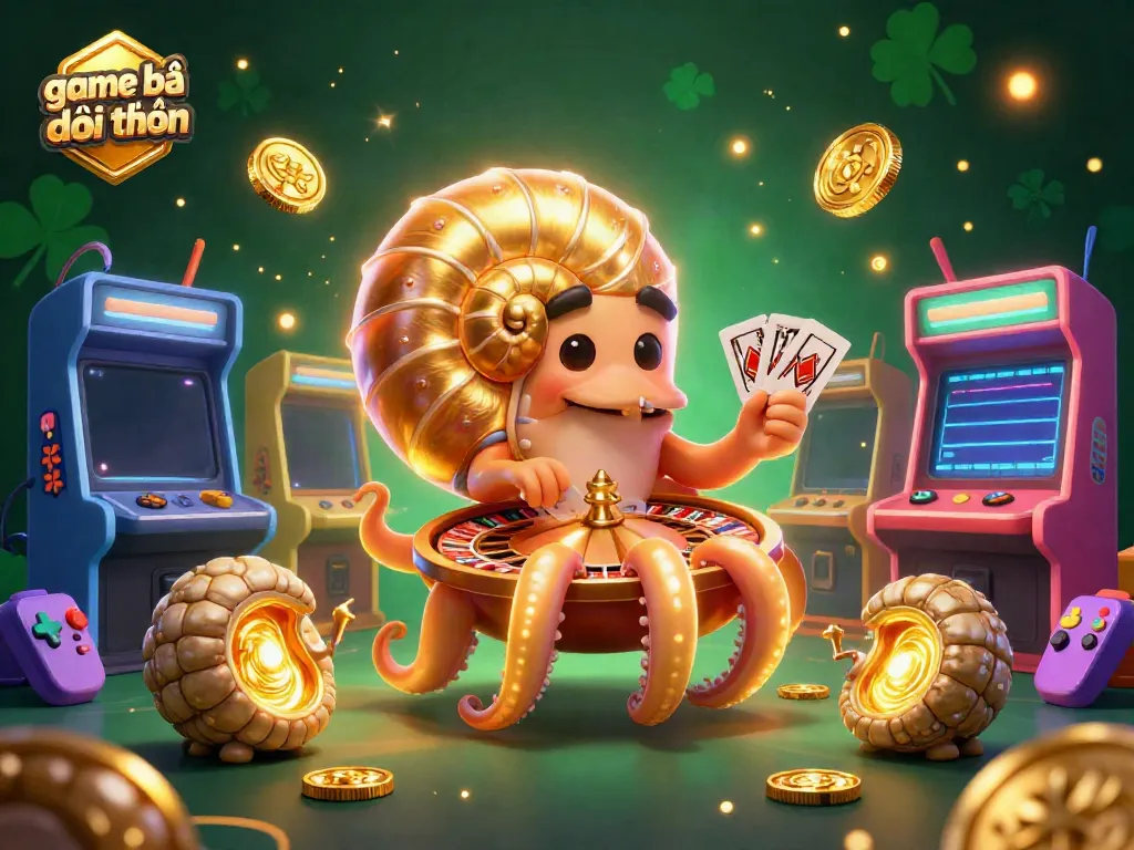 Engage in game bài đổi thưởng with a dynamic 3D illustration featuring a giant nautilus roulette wheel and glowing ammonite companions.