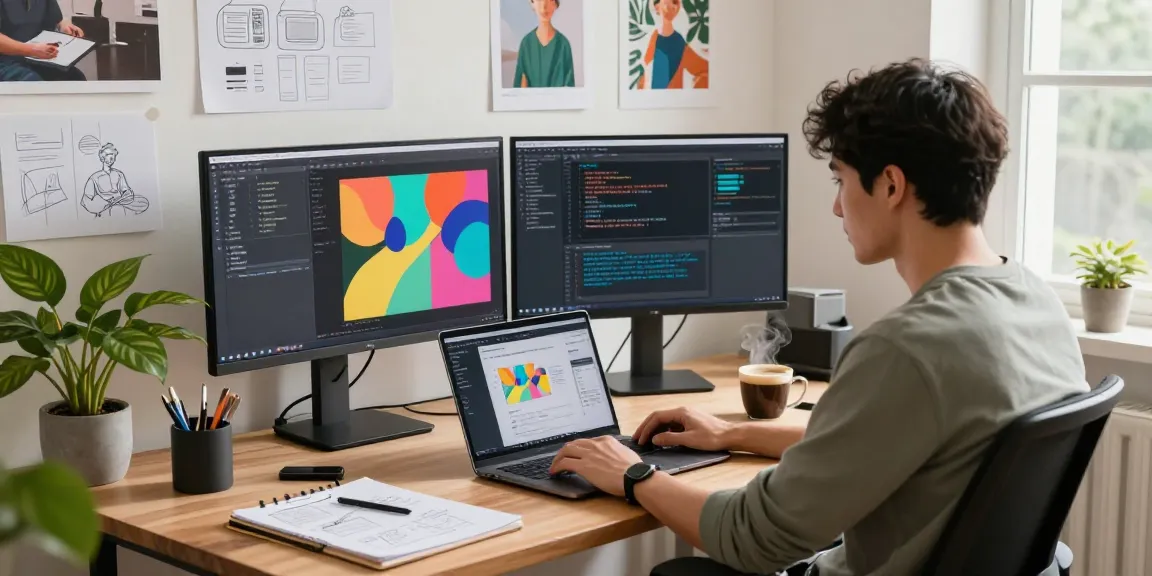 Developer using an AI image generator in a modern home office, showcasing creative workspace elements.