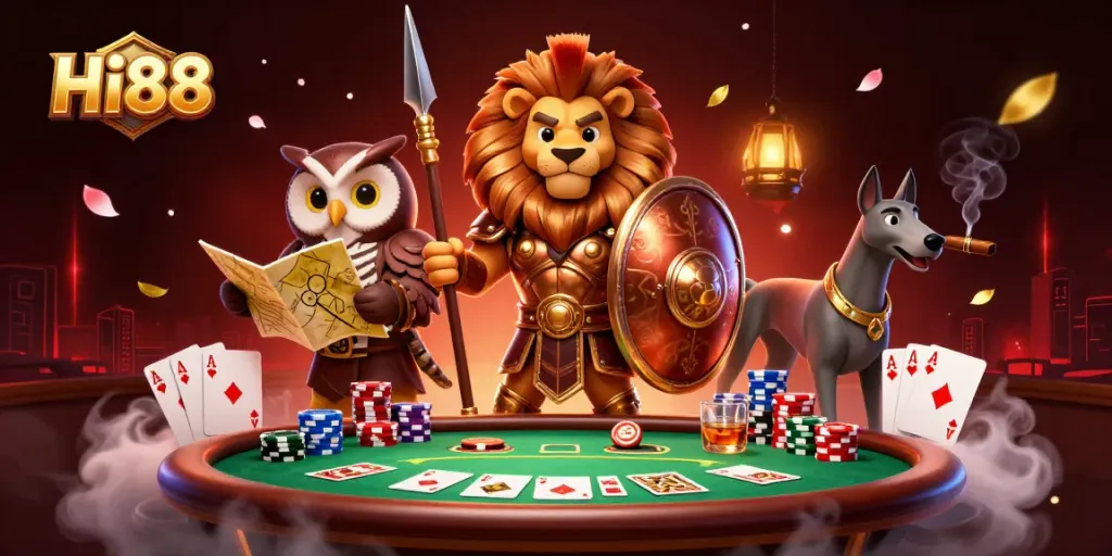 Engage in thrilling poker action at Hi88 with legendary characters and vibrant casino elements.