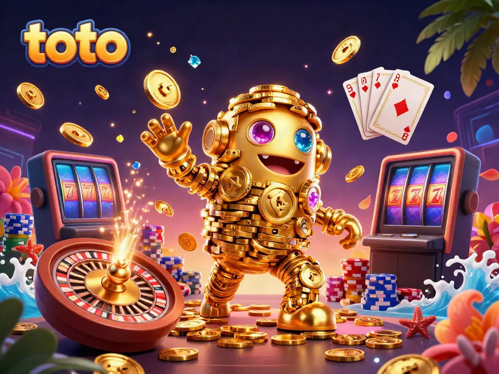 Engage in thrilling casino action with Toto, a golden golem surrounded by coins and gaming elements.