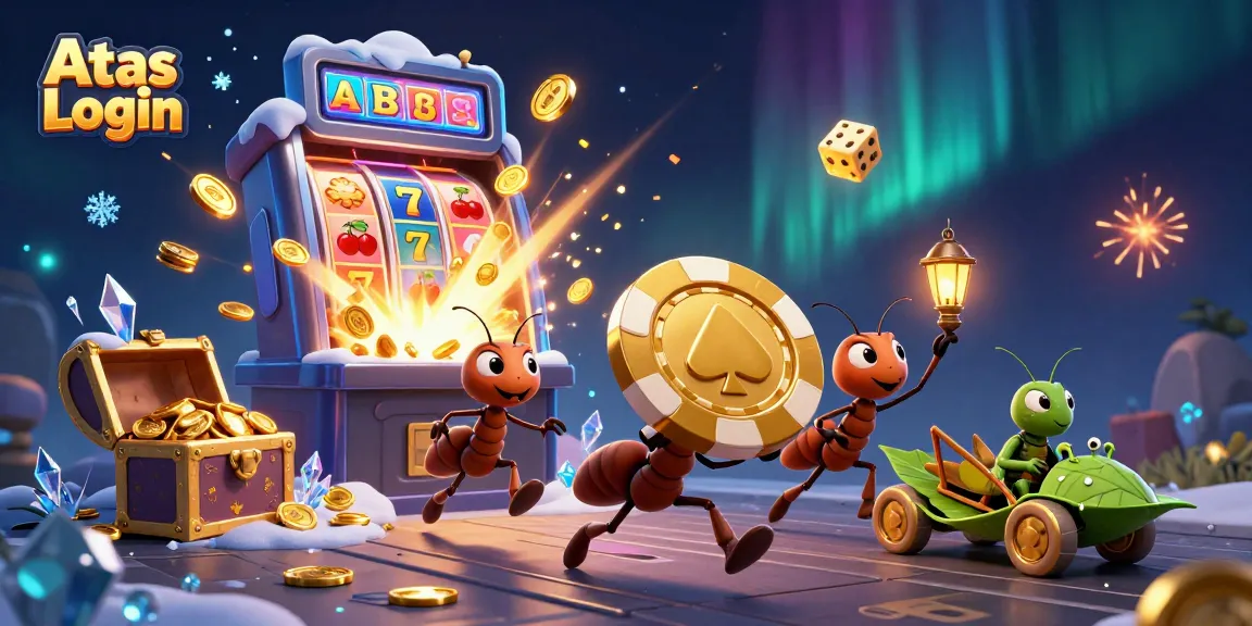 Experience Atas Login action as ants carry a golden poker chip amidst vibrant casino elements.