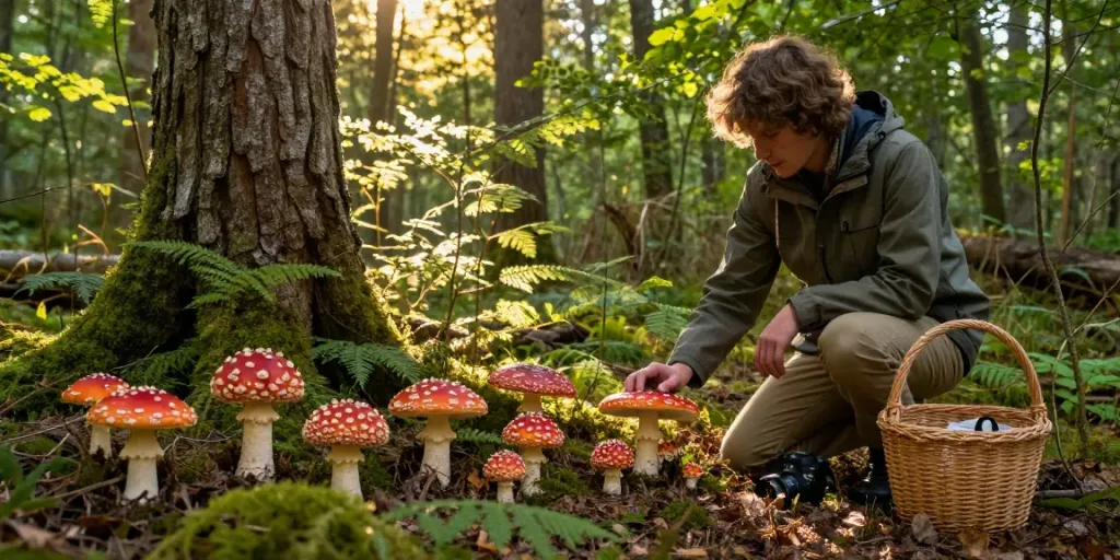 Fliegenpilz kaufen: Entdecke die Schönheit des Amanita Muscaria im Wald bei Sonnenlicht.