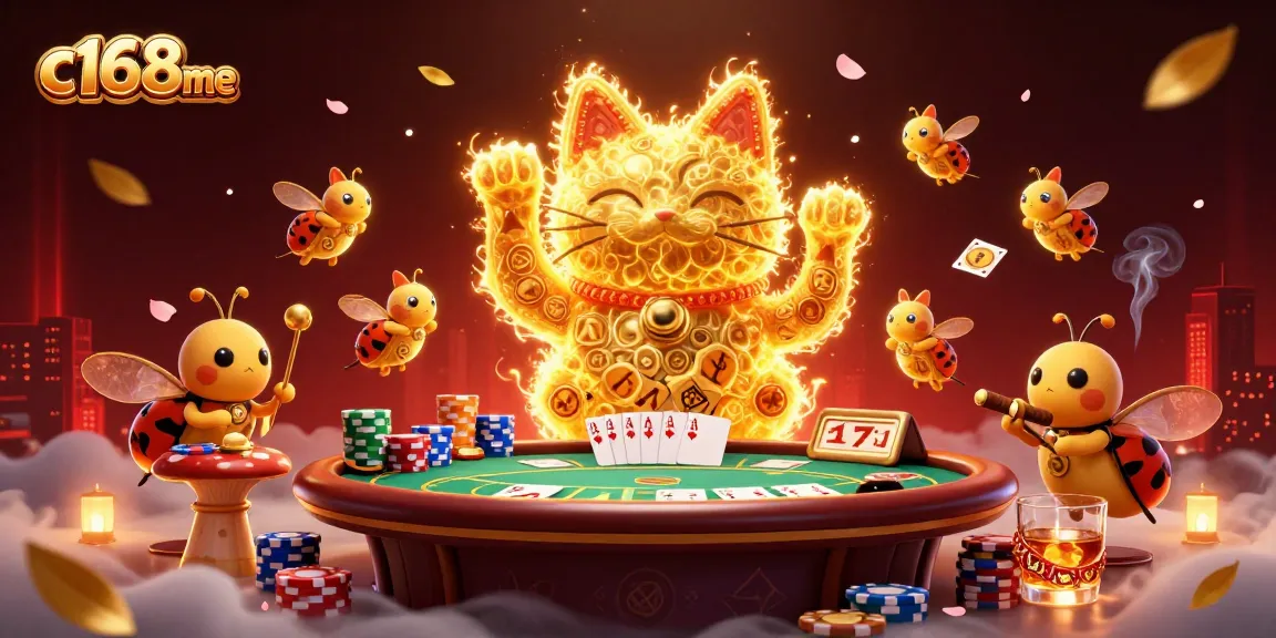 c168me creates vibrant engagement with a golden lucky cat formed by fireflies at a casino scene.
