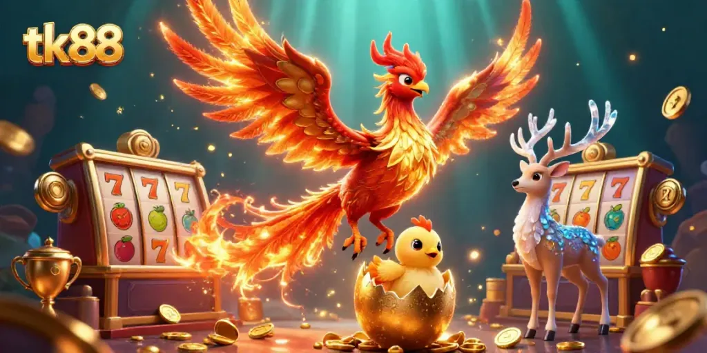 Experience the magic of tk88 with a dynamic casino scene featuring a phoenix and slot elements.