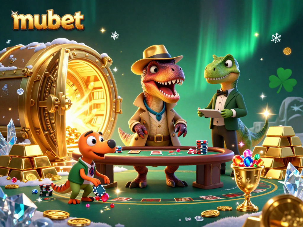 Experience adrenaline at Mubet with a velociraptor card counter amid vibrant casino gems and gold.