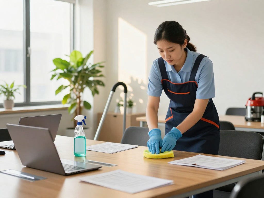 Büroreinigung Göttingen - Professioneller Cleaner bei der gründlichen Reinigung eines Konferenzraums mit umweltfreundlichen Produkten.