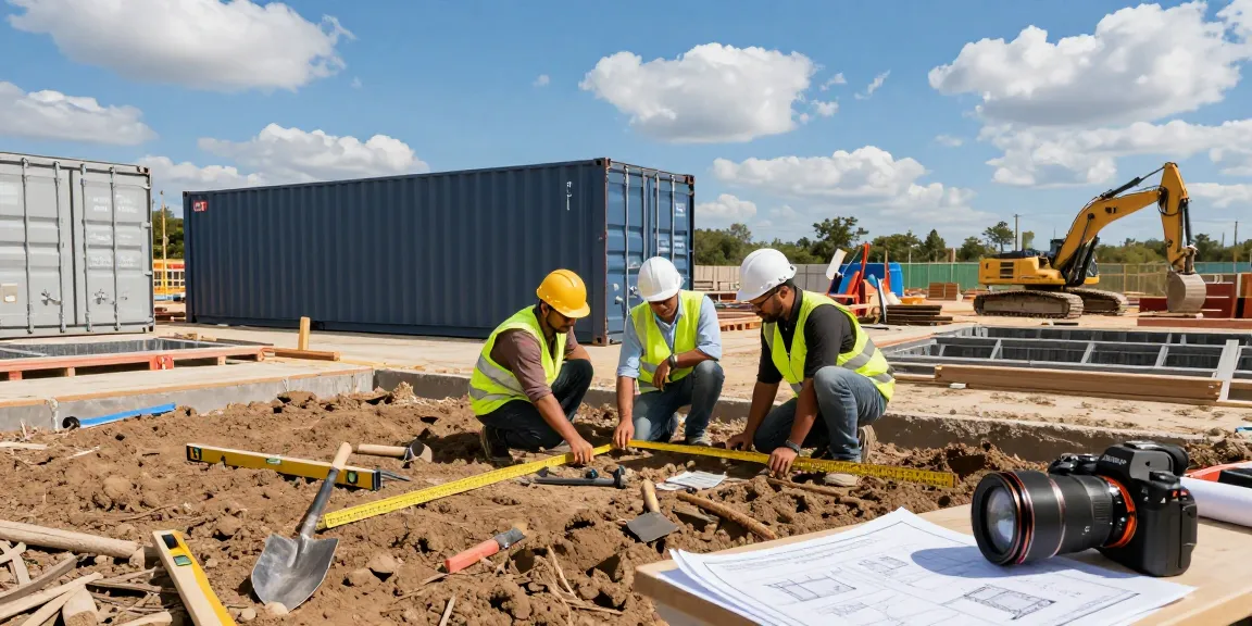 Fundament Container wird auf einer Baustelle vorbereitet, Arbeiter messen und diskutieren Pläne mit Werkzeugen im Hintergrund.