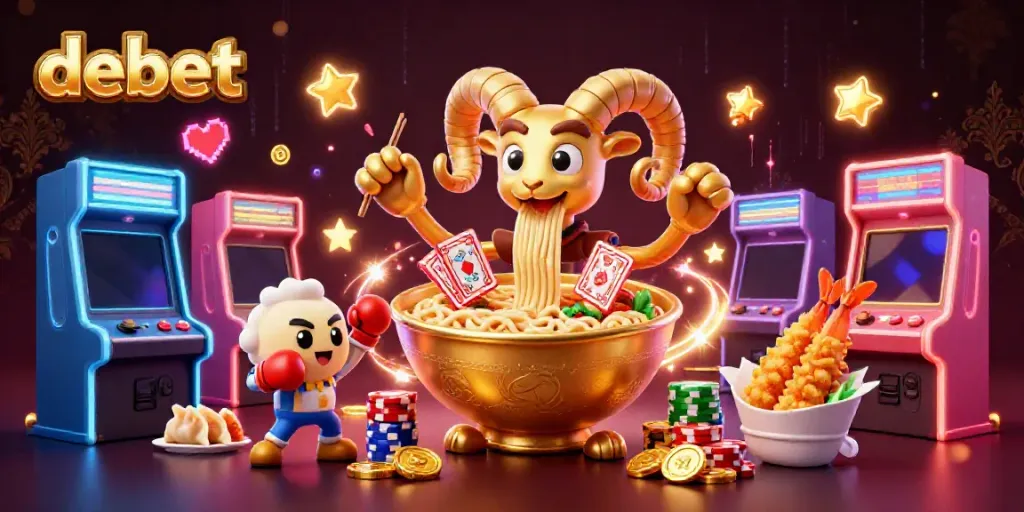 Play with debet's lively characters in a vibrant 3D cartoon casino scene.