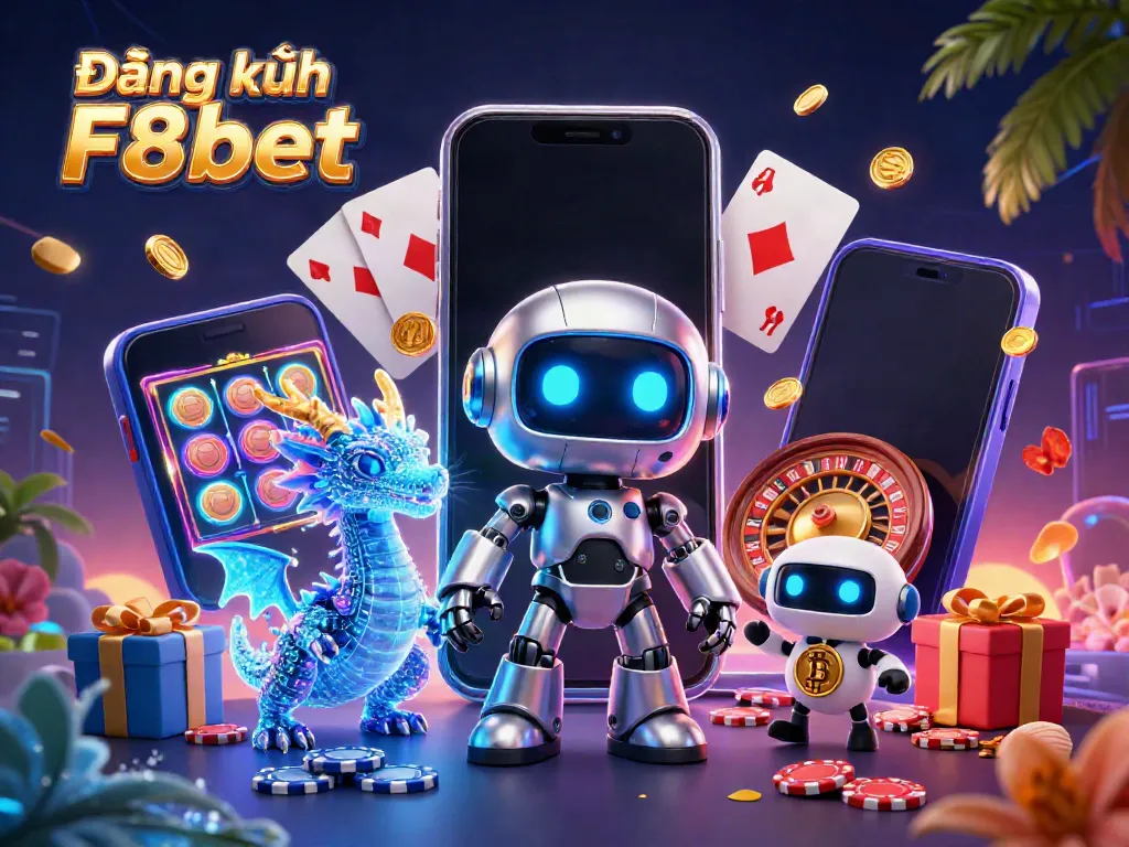 Play engaging online casino games with Đăng ký F8bet's vibrant 3D illustration of gaming elements.