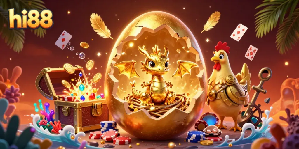Experience thrilling play at hi88 with a golden dragon guarding poker chips amidst treasure galore.