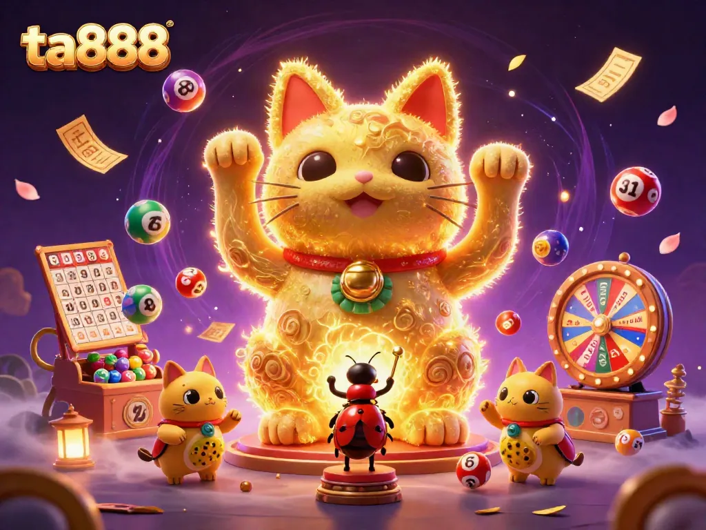 Engage with the vibrant ta888 casino world, featuring a giant lucky cat and dynamic gaming symbols.
