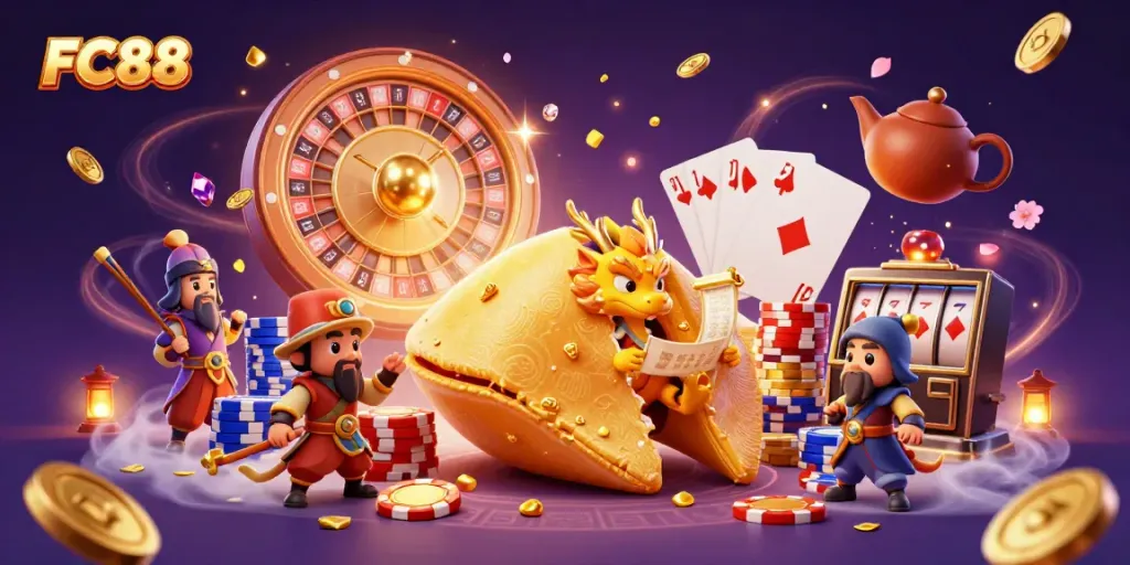 Experience the excitement of FC88 with a golden fortune cookie, dragon, and dynamic casino elements.