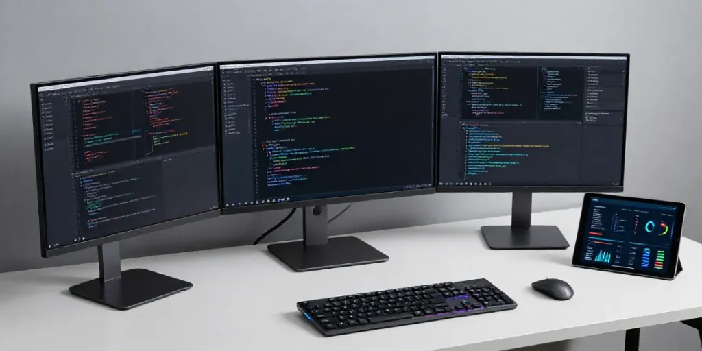 Rucksack Herren Leder Schwarz in einem hochmodernen Tech-Umfeld, das Softwareentwicklung und digitale Nutzung zeigt.
