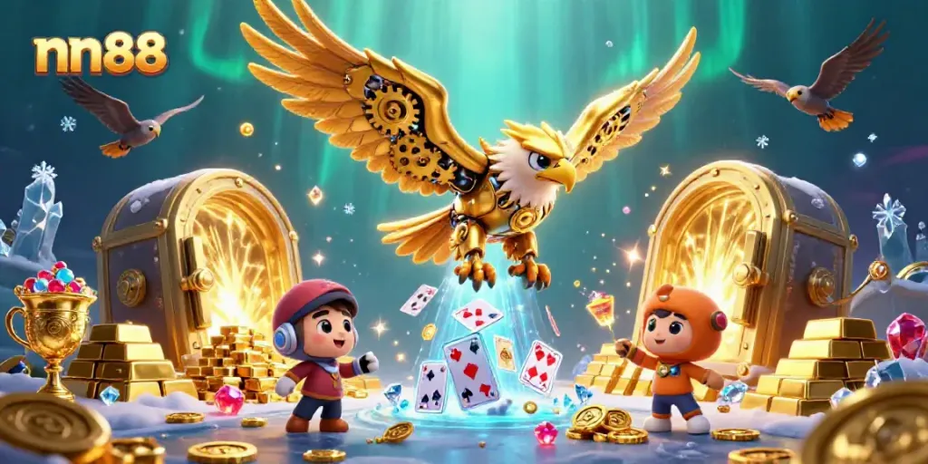 Engage with nn88 as a cybernetic eagle dives through holographic cards amidst treasures.