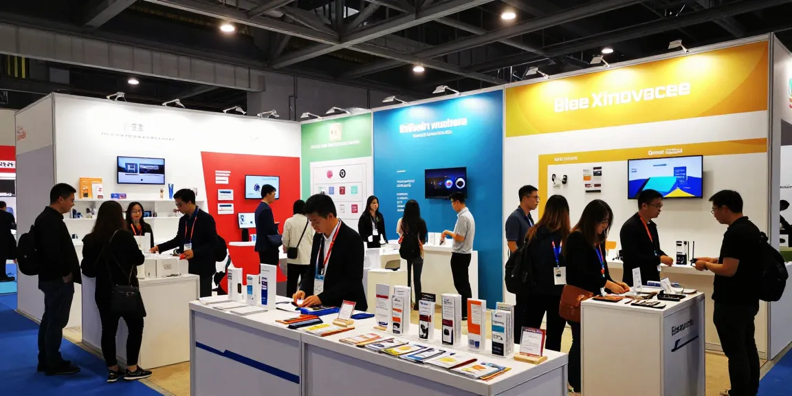 Exhibitors showcasing products at a busy trade fair, networking vibrant atmosphere with engaging presentations.