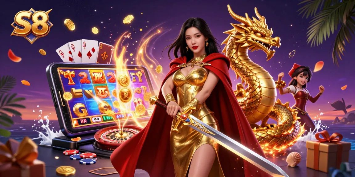 S8 online casino illustration with a warrior woman and slot games symbolizing excitement and jackpots.