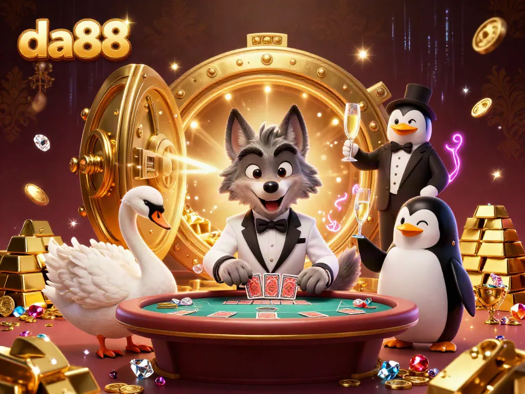 Experience the thrill of da88 gaming with a vibrant 3D illustration of a wolf at a baccarat table.