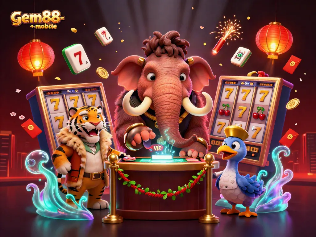 Join the excitement at gem88-mobile with a vibrant 3D illustration showcasing a woolly mammoth bouncer and dynamic slot game elements.