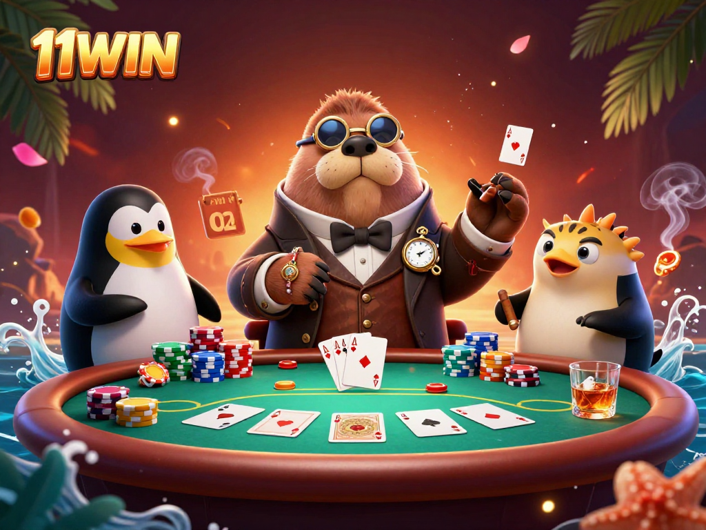 Experience the thrill of betting at 11WIN with an underwater poker game featuring unique characters.