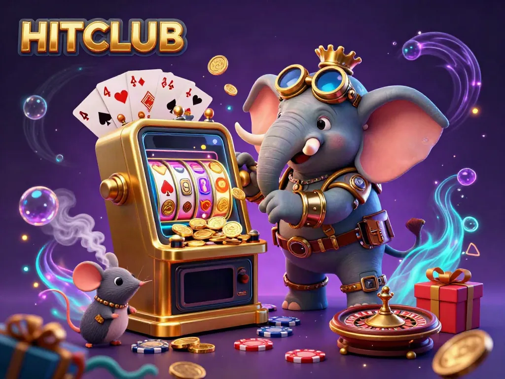 Spin and win at HITCLUB with the steampunk elephant and colorful gaming elements in this vibrant casino illustration.
