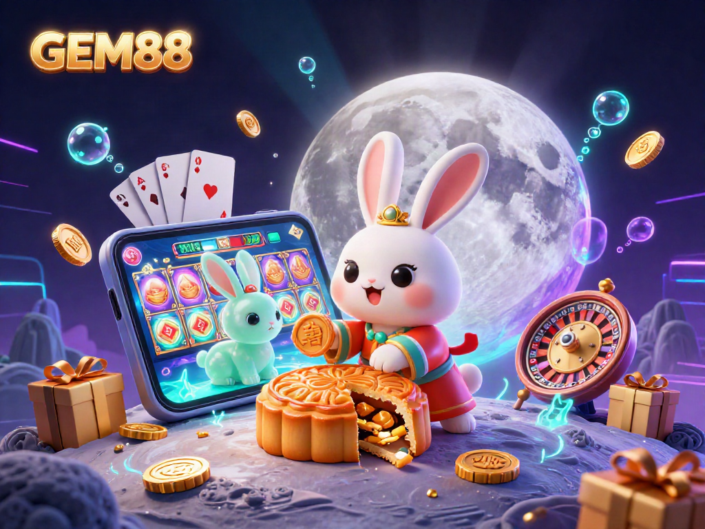 GEM88's enchanting moon rabbit scene mixes tradition with casino excitement featuring poker chips and slot games.