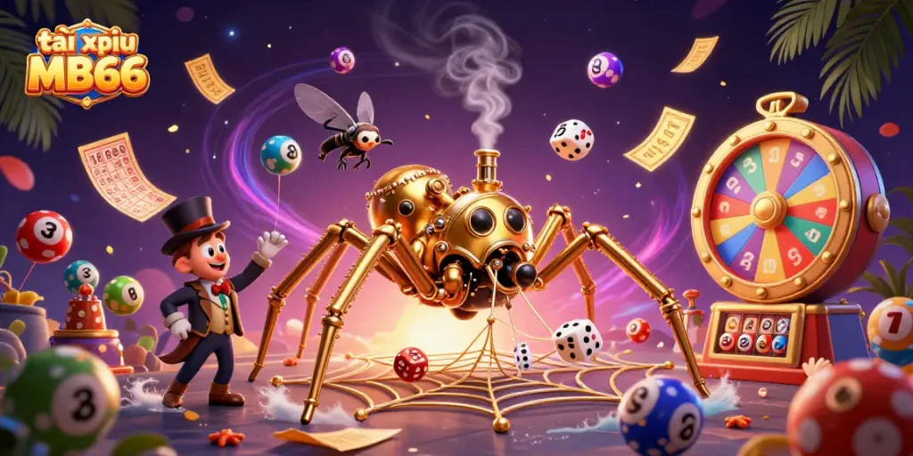 Engaging scene with tài xỉu MB66 spider webbing casino elements alongside vibrant lottery balls and prizes.