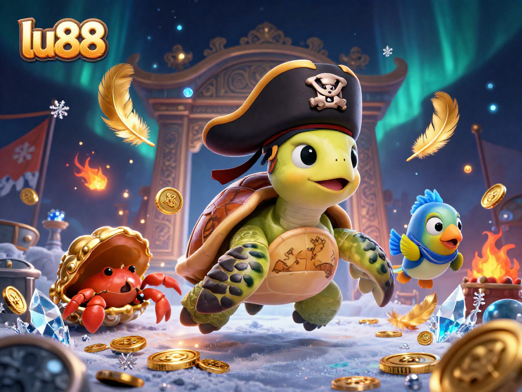 Spin and win big at lu88 with a vibrant 3D illustration featuring an adventurous pirate turtle and sunken treasure.