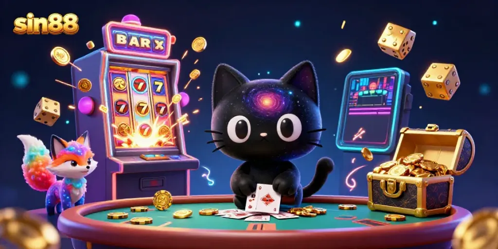 Engage in thrilling games at sin88 casino, featuring vibrant 3D illustrations of slots and dynamic elements.