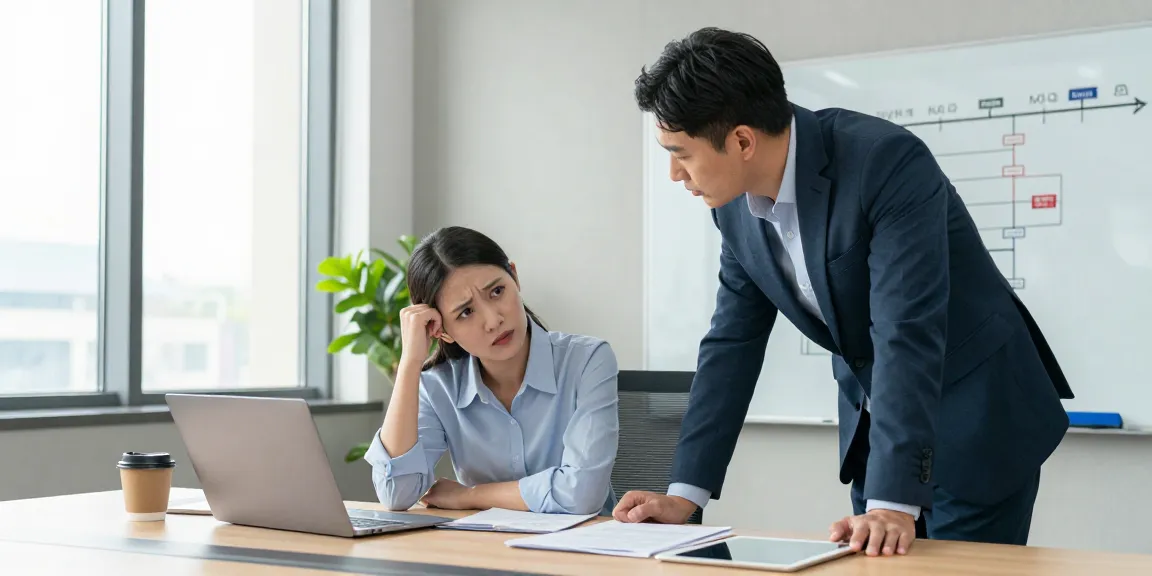 Diskussion über Stress mit Chef in modernem Büro mit angespanntem Mitarbeiter und aufmerksamem Vorgesetzten