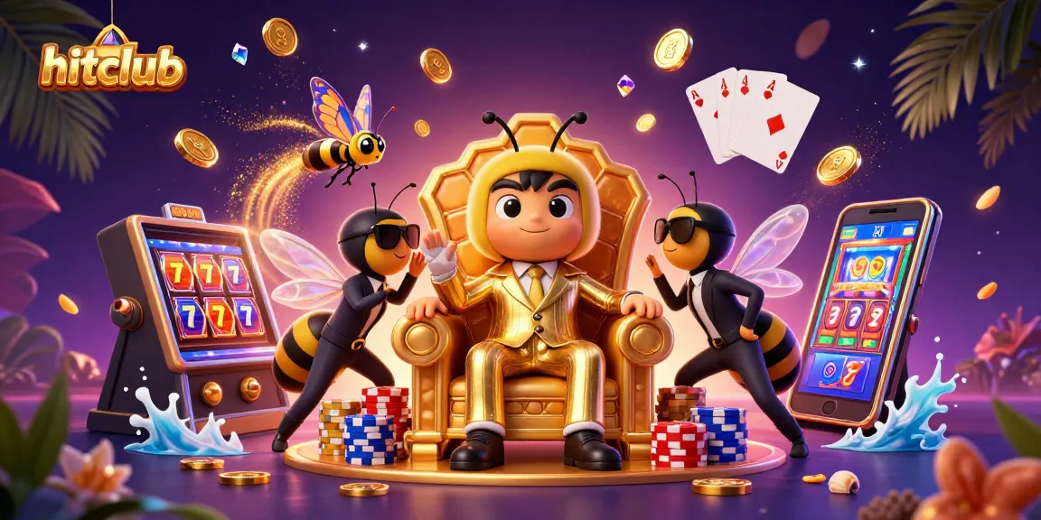 Hitclub showcases thrilling slot machine action in a vibrant casino scene filled with gold and gems.