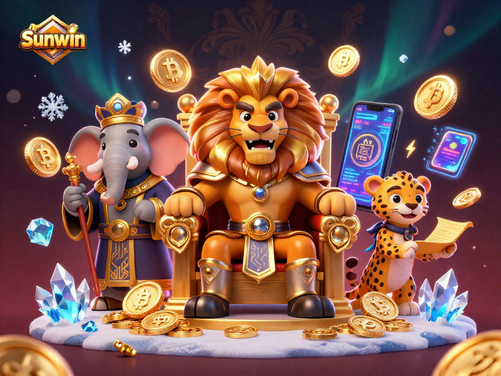 Experience the thrill of betting with Sunwin's dynamic 3D illustration showcasing casino elements and crypto.