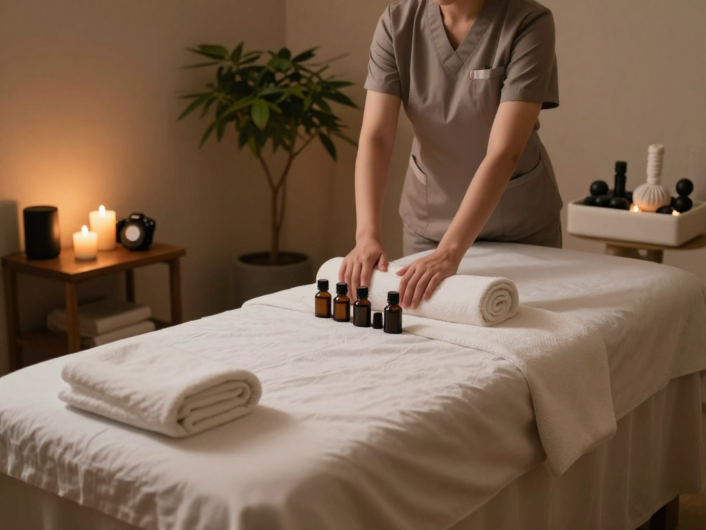 Relaxing 하남출장안마 in a serene spa environment with soothing therapy setup.