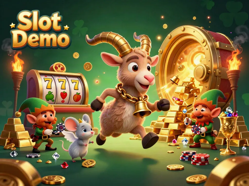 Experience thrilling Slot Demo action with a lively scene of festive characters in a vibrant casino filled with gold and playful antics.