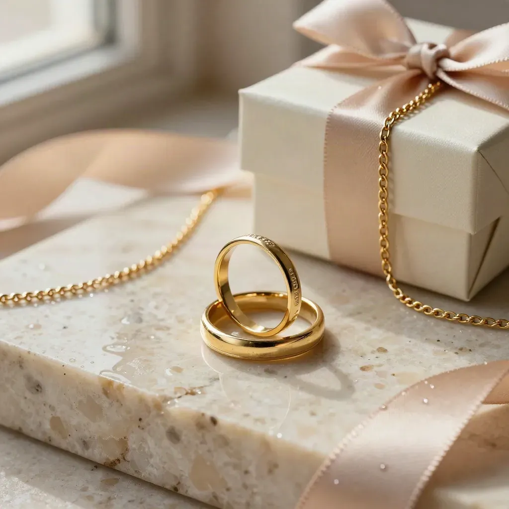 Goldring mit Glanzkante auf Stein, daneben Geschenkbox, Ketten und Seidenband