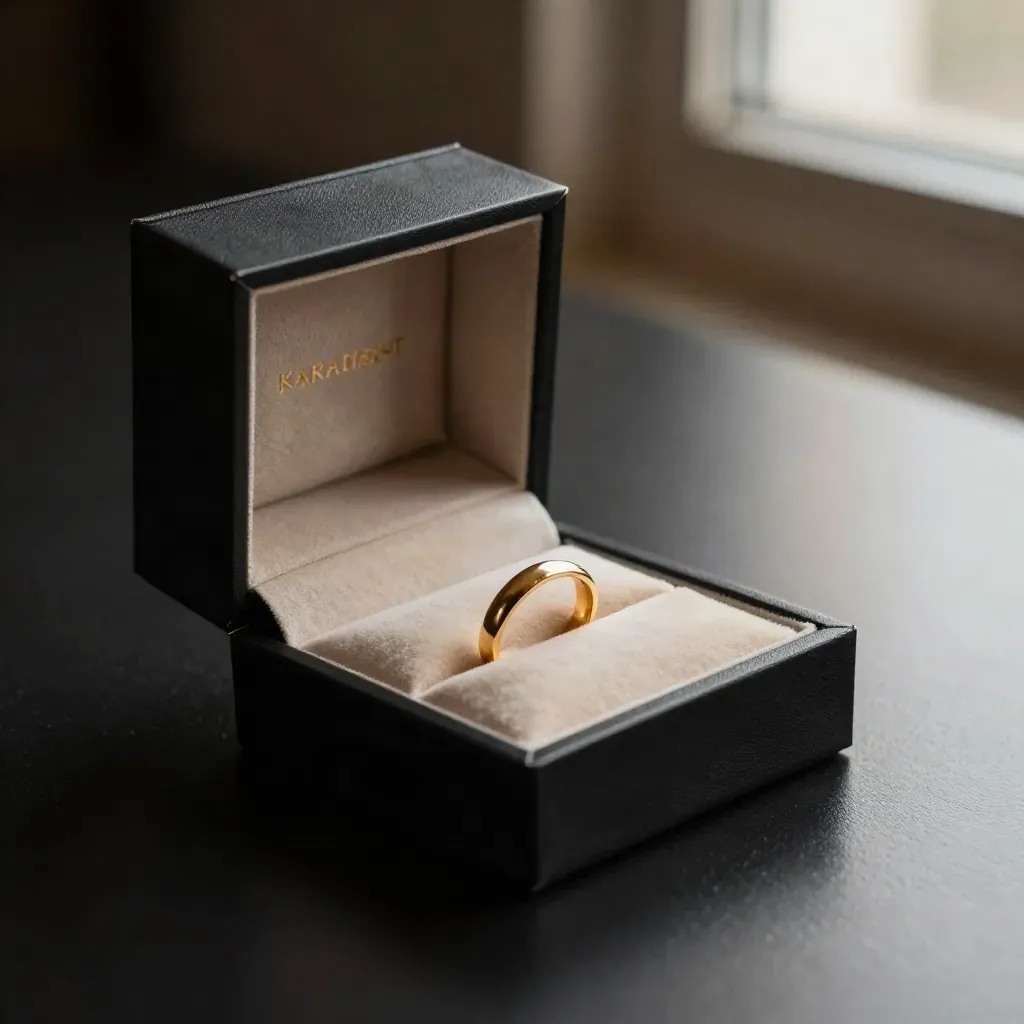 Offene schwarze Geschenkbox mit Goldring und zwei Goldstücken auf dunklem Studiohintergrund.