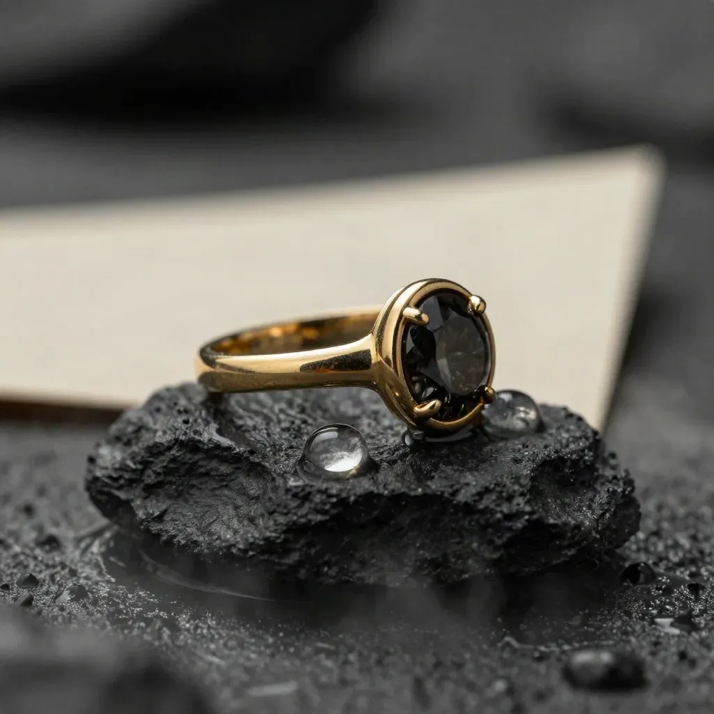 Goldener Verlobungsring auf nassem dunklem Stein mit Wassertropfen und feinem Dunst.