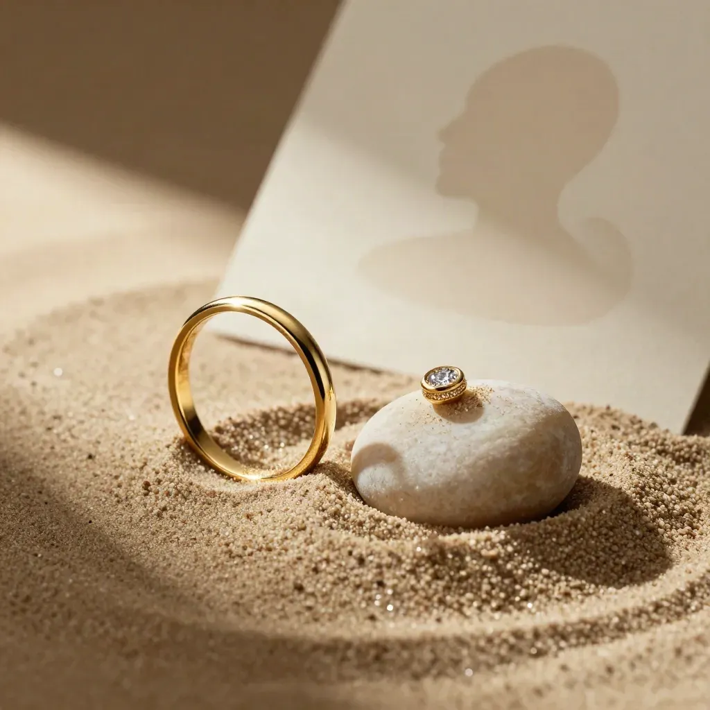 Goldring mit kleinem Stein in feinem Sand neben einem glatten Kiesel.