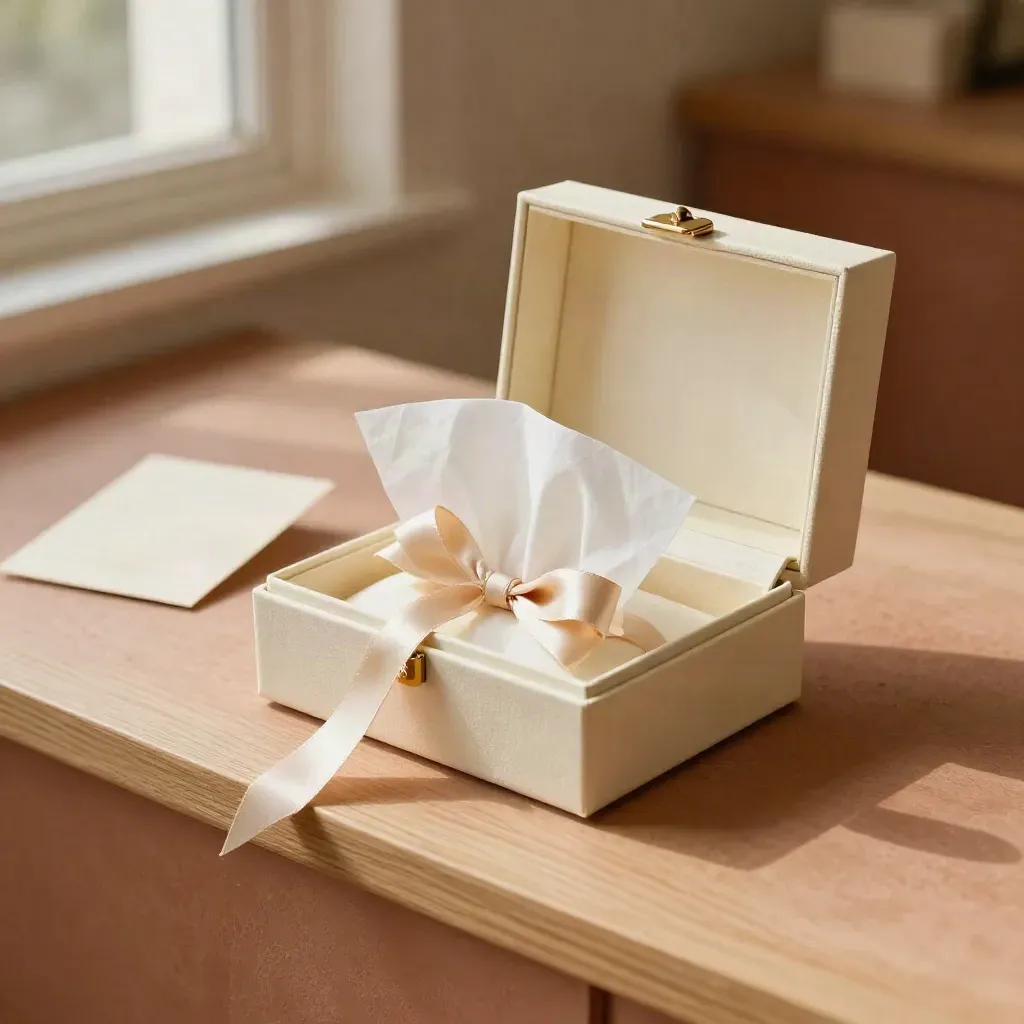 Offene Geschenkbox für Goldschmuck mit Seidenpapier und Schleife auf terrakottafarbenem Untergrund