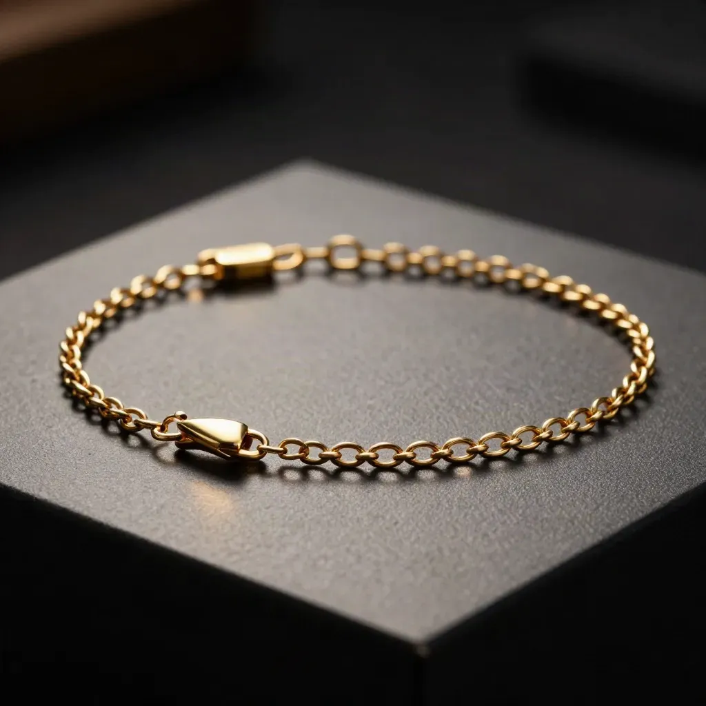 Nahaufnahme eines feinen goldenen Kinderarmbands mit ausgezogener Verlängerung auf dunklem Grund