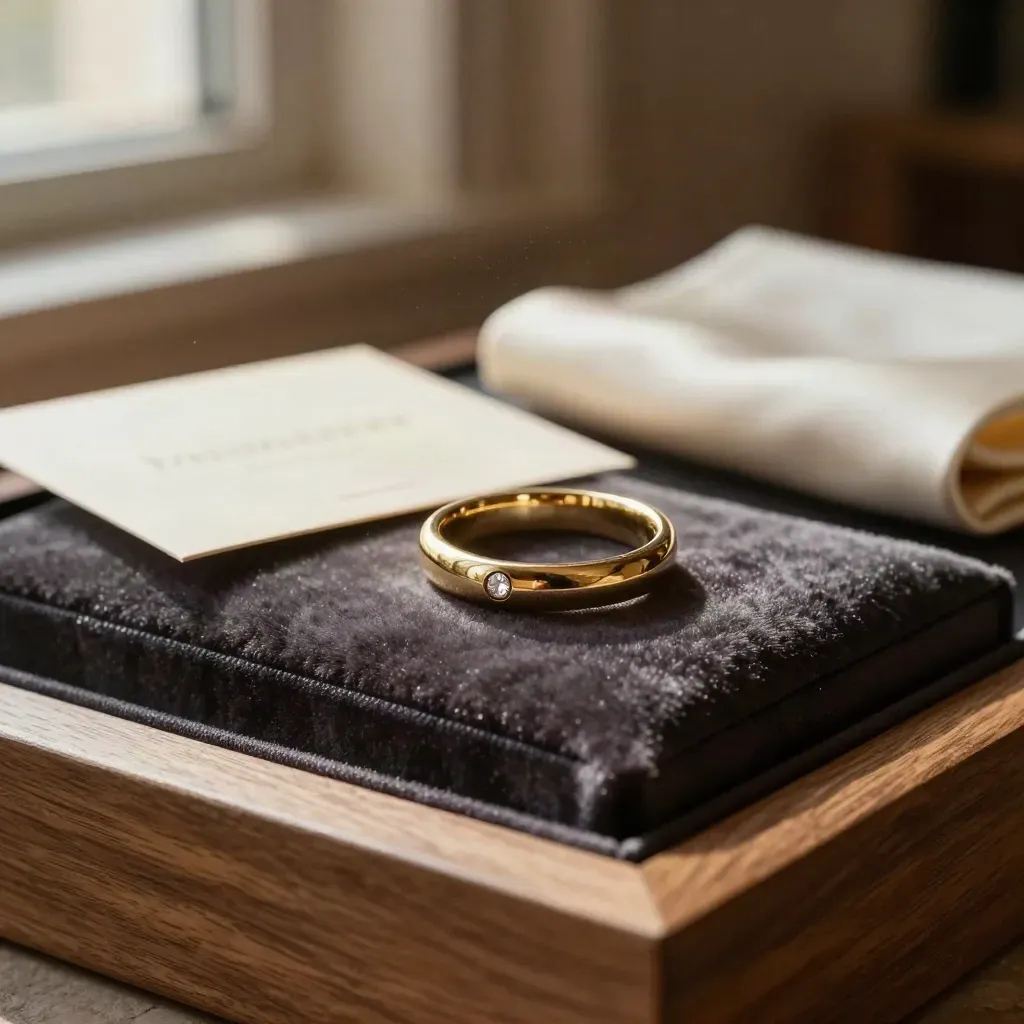 Goldener Verlobungsring auf dunklem Samtkissen mit feinem Glitzern