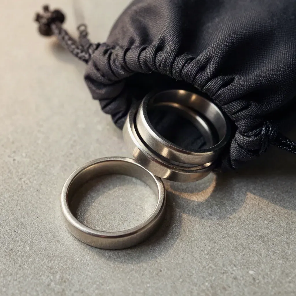 Ringgrößen-Set mit Metallringen und kleinem Beutel auf kühlem Beton, von oben aufgenommen.
